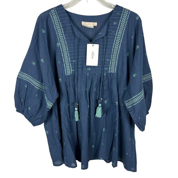 Utsa Blue Bohemian Balloon Sleeve Tassel Embroidered Peasant Blouse XL - Picture 1 of 5